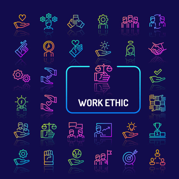 Work Ethics Gradient Line Icon Set (EPS 10) Simple gradient color icons isolated over dark background related to work ethics; Teamwork, morality, proficiency, optimism and empathy. Vector signs and symbols collections for website and app.. humility stock illustrations