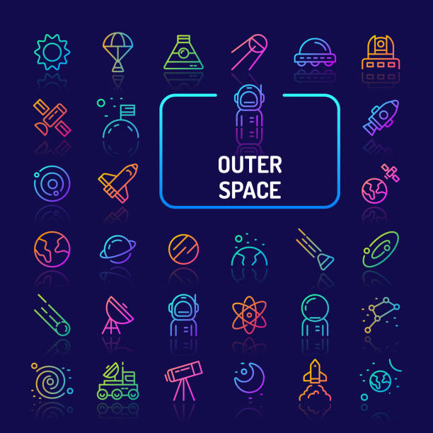 Outer Space & Planets Gradient Line Icon Set (EPS 10) Simple gradient color icons isolated over dark background related to planets, galaxy, solar system and space vehicles. Vector signs and symbols collections for website and app.. eclipse icon stock illustrations