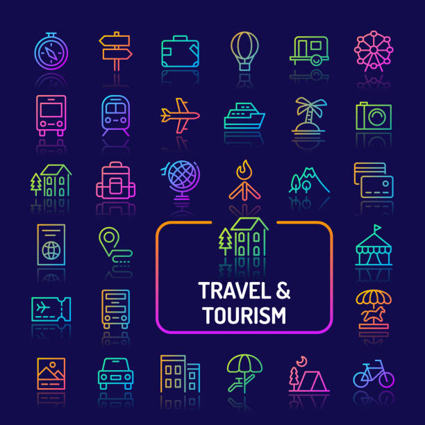 Travel, Tourism & Vacation Gradient Line Icon Set (EPS 10) Simple gradient color icons isolated over dark background related to travel, tourism, vacation and recreation. Vector signs and symbols collections for website and app.. summer camp cabin stock illustrations