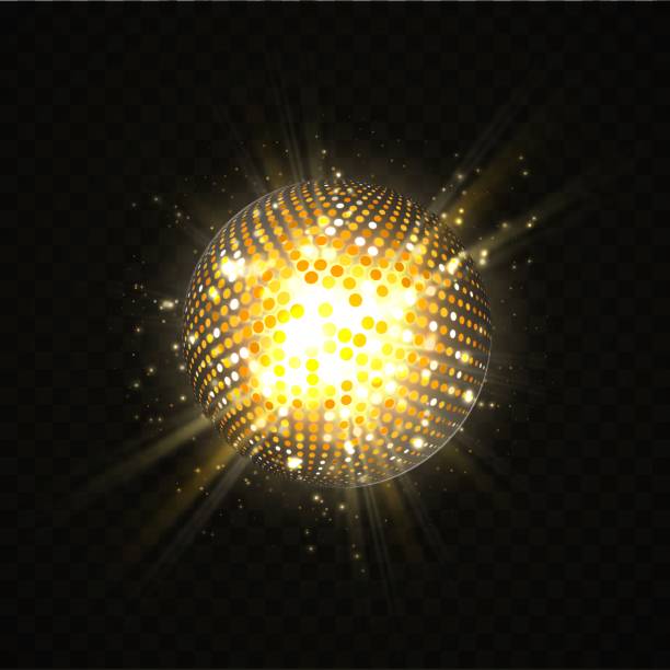 abstrakcyjny element projektu disco ball na ciemnym tle. supernova atomowa gwiazda wybuch izolowany obiekt. złote cząsteczki brokatu kula ze słonecznymi promieniami - disco ball sunbeam evening ball design stock illustrations