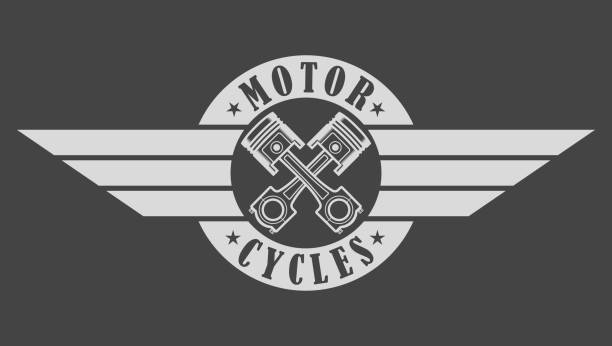 ilustraciones, imágenes clip art, dibujos animados e iconos de stock de biker emblema pistones alas y texto sobre fondo gris - grunge shield coat of arms insignia