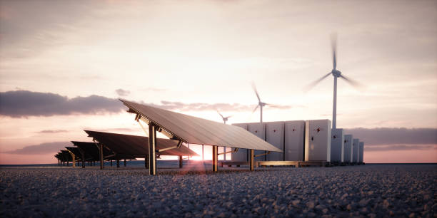 Dawn of new renewable energy technologies. Modern, aesthetic and efficient dark solar panel panels, a modular battery energy storage system and a wind turbine system in warm light. 3D rendering. Dawn of new renewable energy technologies. Modern, aesthetic and efficient dark solar panel panels, a modular battery energy storage system and a wind turbine system in warm light. 3D rendering. power equipment stock pictures, royalty-free photos & images