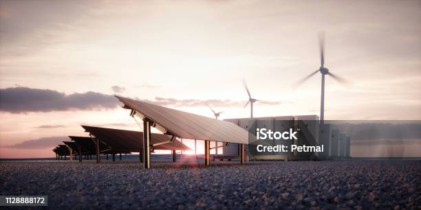 Dawn Of New Renewable Energy Technologies Modern Aesthetic And Efficient Dark Solar Panel Panels A Modular Battery Energy Storage System And A Wind Turbine System In Warm Light 3d Rendering Stock Photo - Download Image Now