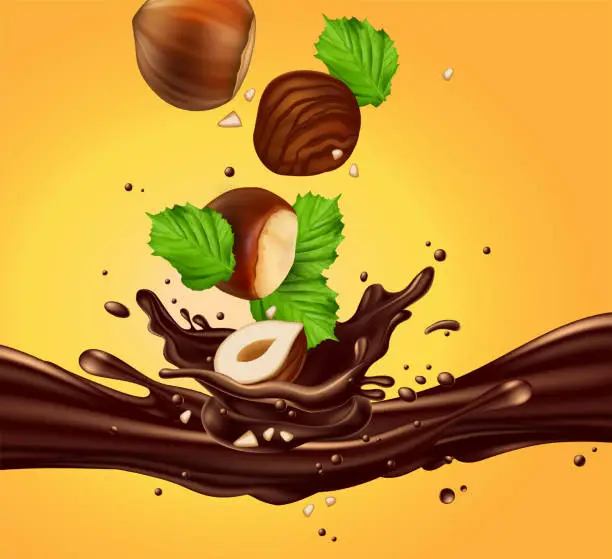 Vector illustration of Background for advertising chocolate. Hazelnuts with leaves fall into a stream of liquid chocolate. 3D vector. High detailed realistic illustration