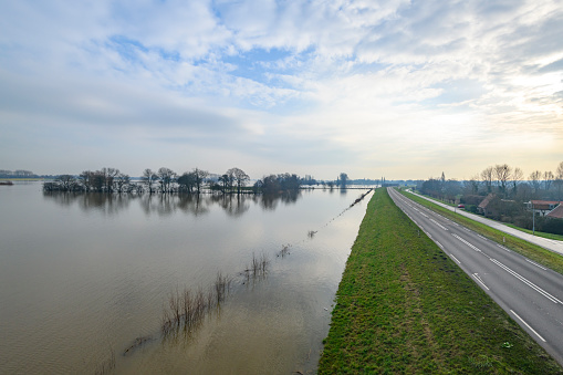 Flooding in the overflow area against the dyke of the river IJssel near Zwolle in The Netherlands