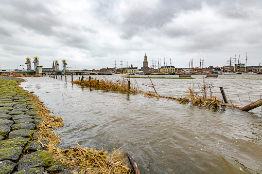 High water level in the river IJssel near Kampen in Overijssel, The Netherlands.