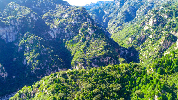 istock Aerial view of green mountain peak with river. 1128889028