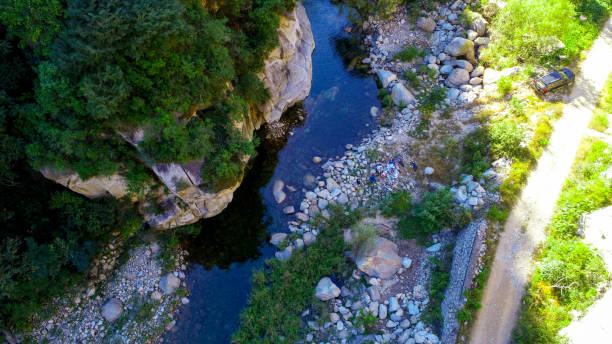 istock Aerial view of green mountain peak with river. 1128889057