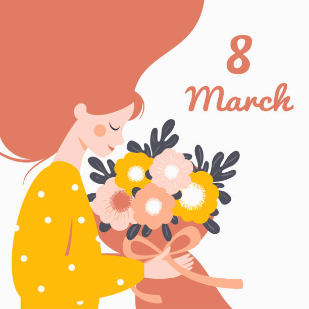 Happy woman holding a bouquet of flowers, 8 March Happy woman holding a bouquet of flowers. Vector festive concept for International Women's day 8 March drawing of spring free stock illustrations