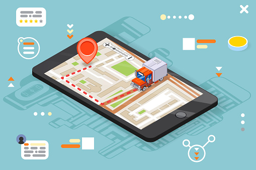 Logistic mobile delivery tracking app isometric 3d smartphone truck pin city street map flat design vector illustration