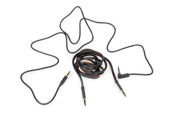 istock Analog audio cables with mini stereo connectors on white background 1128891169