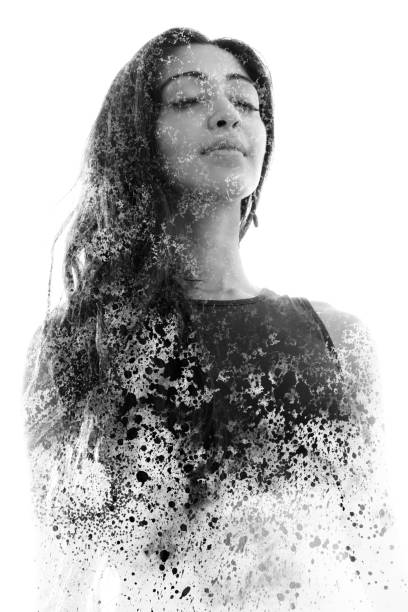 Paintography. Double Exposure portrait of a beautiful ethnic woman combined with hand drawn ink painting. black and white Portrait photography blends in with original artwork disintegration stock pictures, royalty-free photos & images