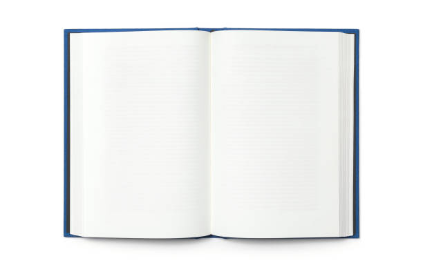 Blank open book isolated, top front view. Blue hardcover with black thick photos stock pictures, royalty-free photos & images