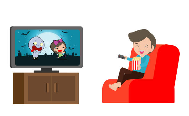 子供はテ�レビを見て、小さな男の子はテレビ孤立ベクトルのイラストを見る - home interior entertainment sofa men点のイラスト素材／クリップアート素材／マンガ素材／アイコン素材