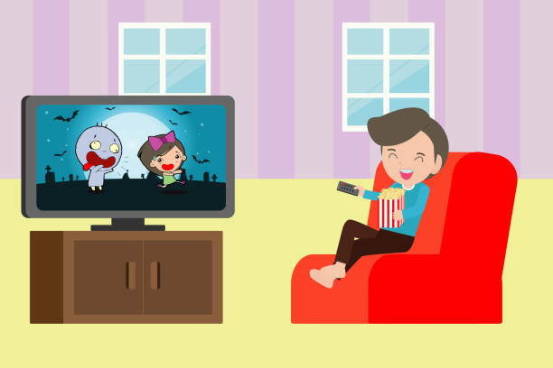 子供はテレビを見て、小さな男の子はテレビ孤立ベクトルのイラストを見る - home interior entertainment sofa men点のイラスト素材／クリップアート素材／マンガ素材／アイコン素材