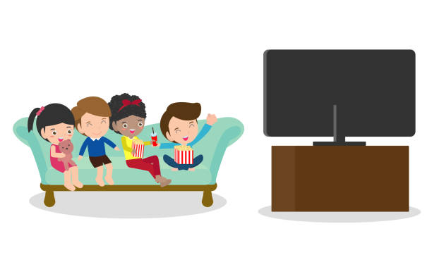 テレビを見ている子供のイラスト、小さな男の子と女の子がテレビを見る - home interior entertainment sofa men点のイラスト素材／クリップアート素材／マンガ素材／アイコン素材