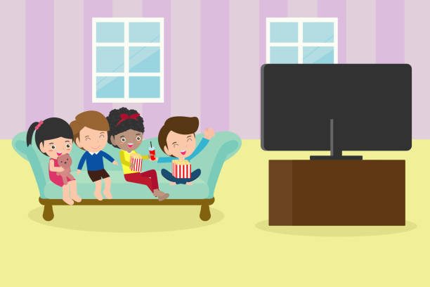 テレビを見ている子供のイラスト、小さな男の子と女の子がテレビを見る - home interior entertainment sofa men点のイラスト素材／クリップアート素材／マンガ素材／アイコン素材