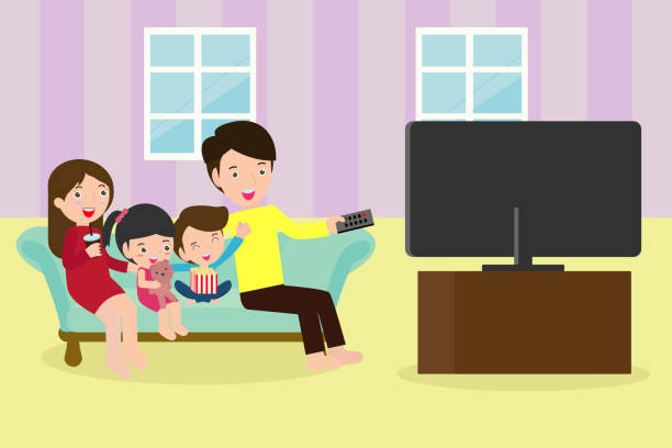 一緒にテレビ番組を見ている家族のイラスト, 家庭でソファの上に座っているテレビを見て幸せな家族 - home interior entertainment sofa men点のイラスト素材／クリップアート素材／マンガ素材／アイコン素材