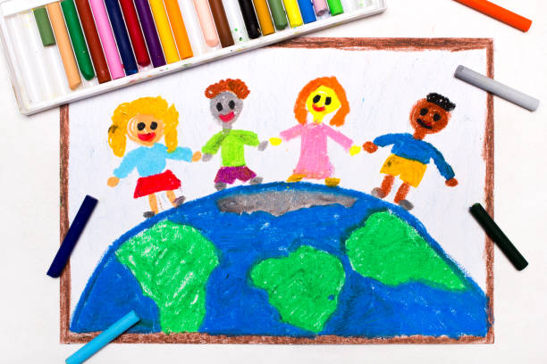 kolorowe rysunek: międzynarodowe dzieci świata. dzieci stojące na ziemi - czarny_bez zdjęcia i obrazy z banku zdjęć