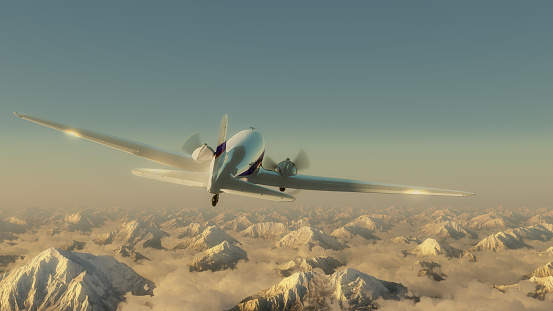 Airplane above the high mountains. Clear blue sky. 3D render illustration.