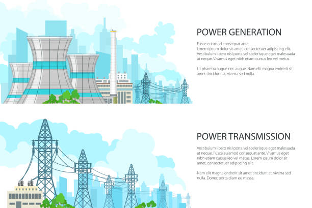 ilustraciones, imágenes clip art, dibujos animados e iconos de stock de conjunto de banners con la transmisión de energía eléctrica - central eléctrica