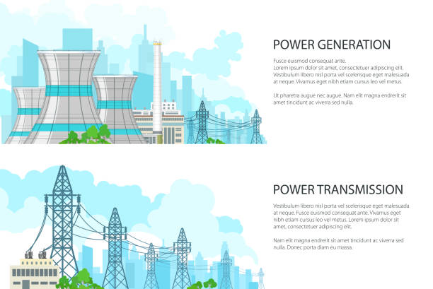 ilustrações de stock, clip art, desenhos animados e ícones de set of banners with electric power transmission - nuclear power station power station energy factory