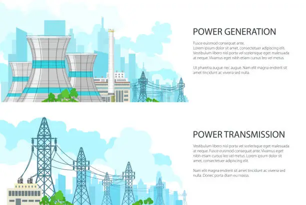 Vector illustration of Set of Banners with Electric Power Transmission