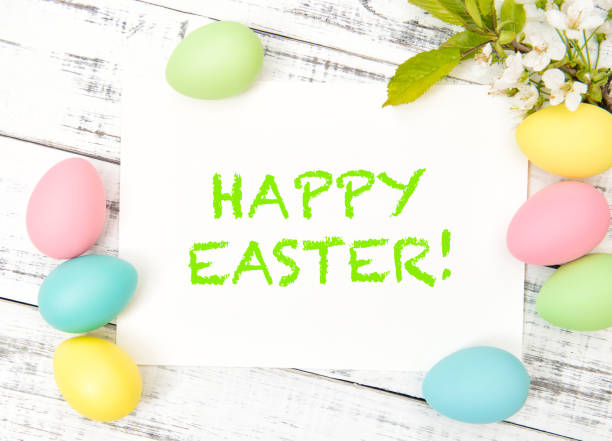 istock Easter greetings card colored eggs decoration spring flowers 1128896503