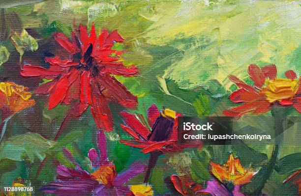 Fashionable Summer Illustration Modern Art Work My Original Oil Painting On Canvas Impressionism Horizontal Landscape Flowers Of Zinnia Of Bright Red Shades Blooming Stock Illustration - Download Image Now