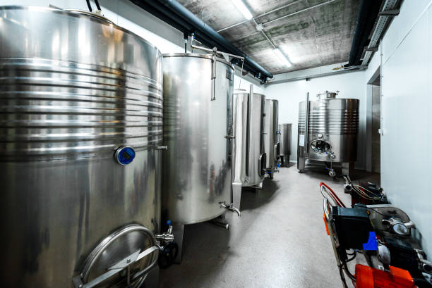 istock Inox wine barrels stacked in modern winery cellar in Spain. 1128899137