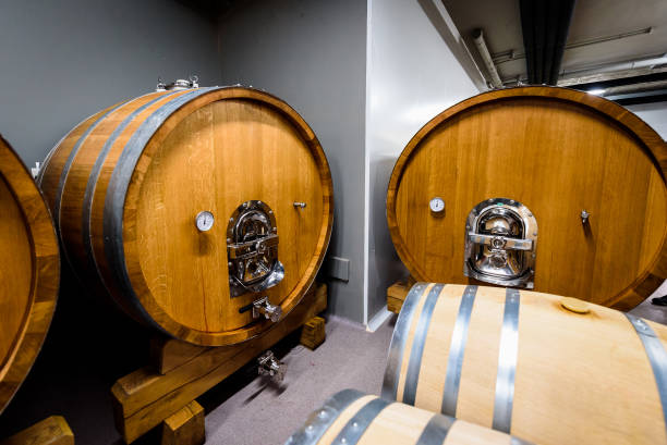istock Wooden wine barrels stacked in modern winery cellar in Spain. 1128899246