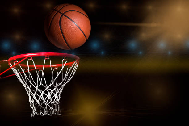 basketball hoop net and ball side view - basketball imagens e fotografias de stock