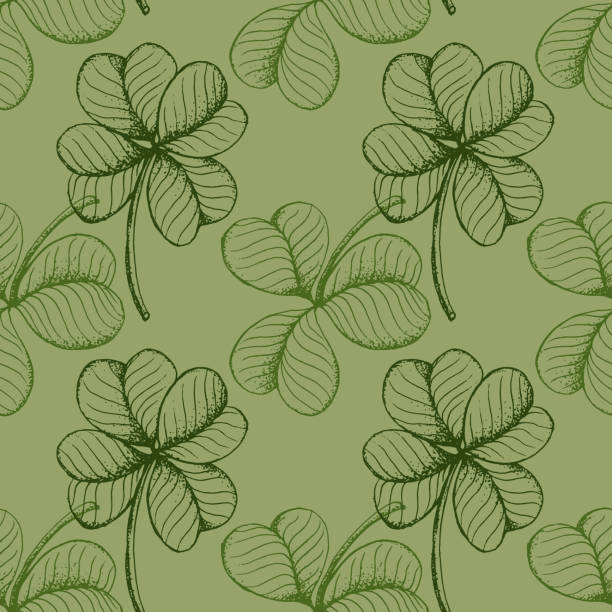 ilustrações de stock, clip art, desenhos animados e ícones de seamless pattern with hand drawn good luck four and three leaf clover. - four leaf clover clover luck leaf