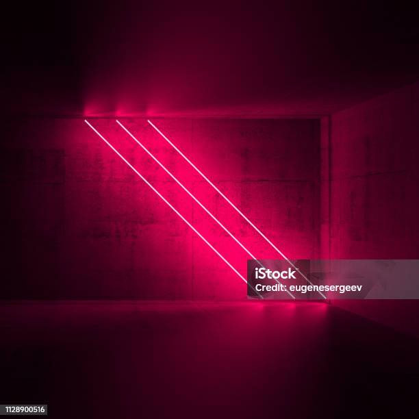 Diagonal Red Neon Lights 3d Render Stock Photo - Download Image Now - Neon Lighting, Neon Colored, Domestic Room