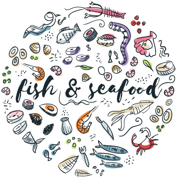 illustrazioni stock, clip art, cartoni animati e icone di tendenza di design disegnato a mano di pesce e frutti di mare - seafood