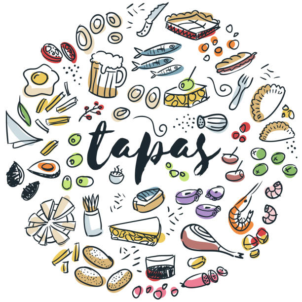 Tapas and appetizers hand drawn design Circular design of tapas and appetizers drawings fish drawings stock illustrations