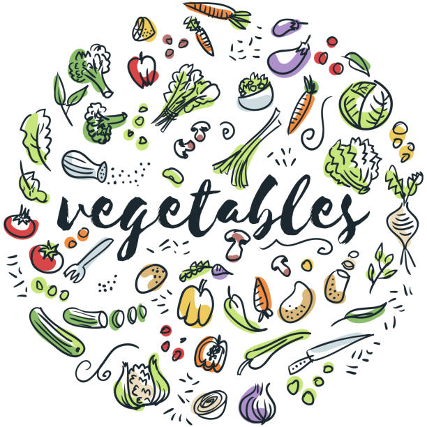 Vegetables hand drawn design Circular design of vegetables drawings cooking patterns stock illustrations
