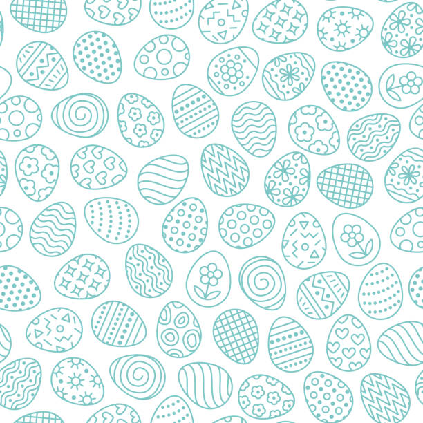 플랫 라인 아이콘 페인트 달걀의 부활절 완벽 한 패턴입니다. 계란 사냥 벡터 일러스트, 기독교 전통 축제 벽지. 블루, 화이트 색상 - easter egg stock illustrations
