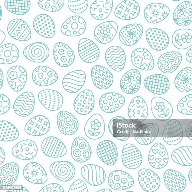 Easter Seamless Pattern With Flat Line Icons Of Painted Eggs Egg Hunt Vector Illustrations Christianity Traditional Celebration Wallpaper Blue White Color Stock Illustration - Download Image Now