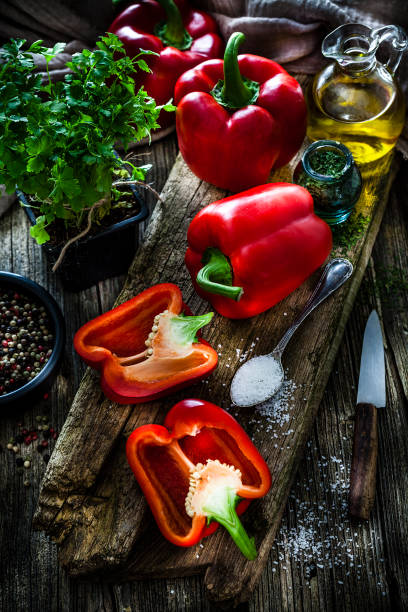 istock Fresh organic red bell peppers still life 1128904266