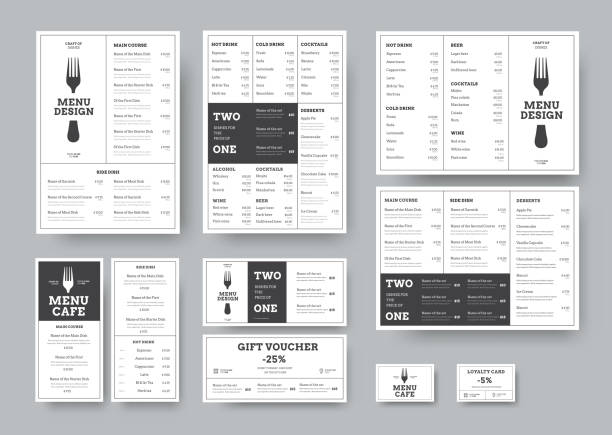 set of menus for cafes and restaurants in the classic white style with division into blocks. set of menus for cafes and restaurants in the classic white style with division into blocks. Templates A4, three-fold, DL, gift voucher and loyalty card. Vector illustration lunch designs stock illustrations
