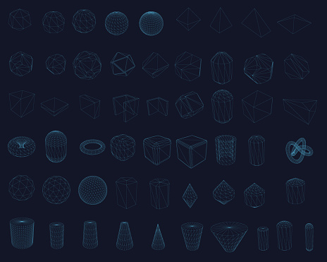 Set with wireframe of geometric shapes of different shapes on a dark blue background. Geometric shapes from the blue lines. Polygonal shapes for your projects. 3D. Vector illustration.