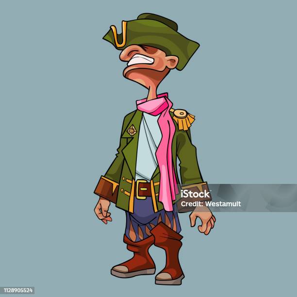 Cartoon Man In A Cocked Hat And Pirate Clothes With A Pink Scarf Stock Illustration - Download Image Now