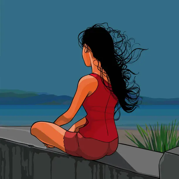 Vector illustration of woman sits thoughtfully on the parapet by the sea