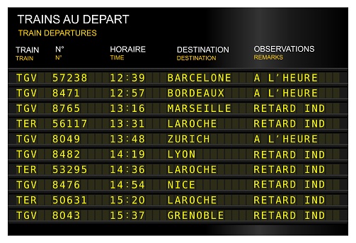 train station departure board delay, delayed. France, French Paris, gare de lyon