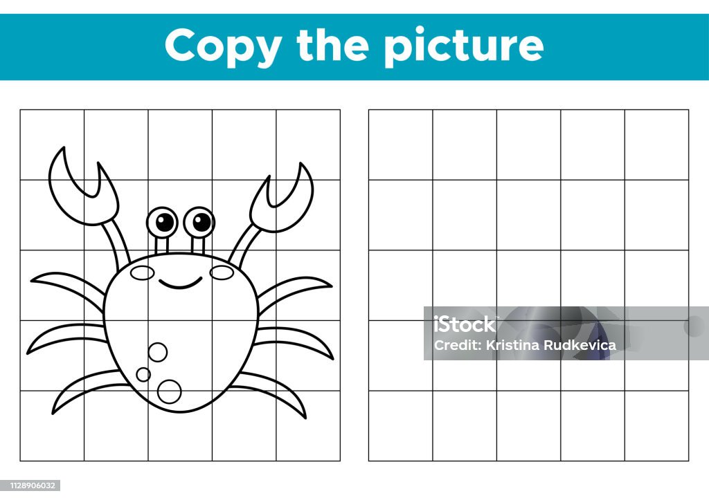 Basic RGB Educational game copy the picture. Funny cartoon crab. Activity worksheet for kids. Coloring book. Vector illustration Activity stock vector