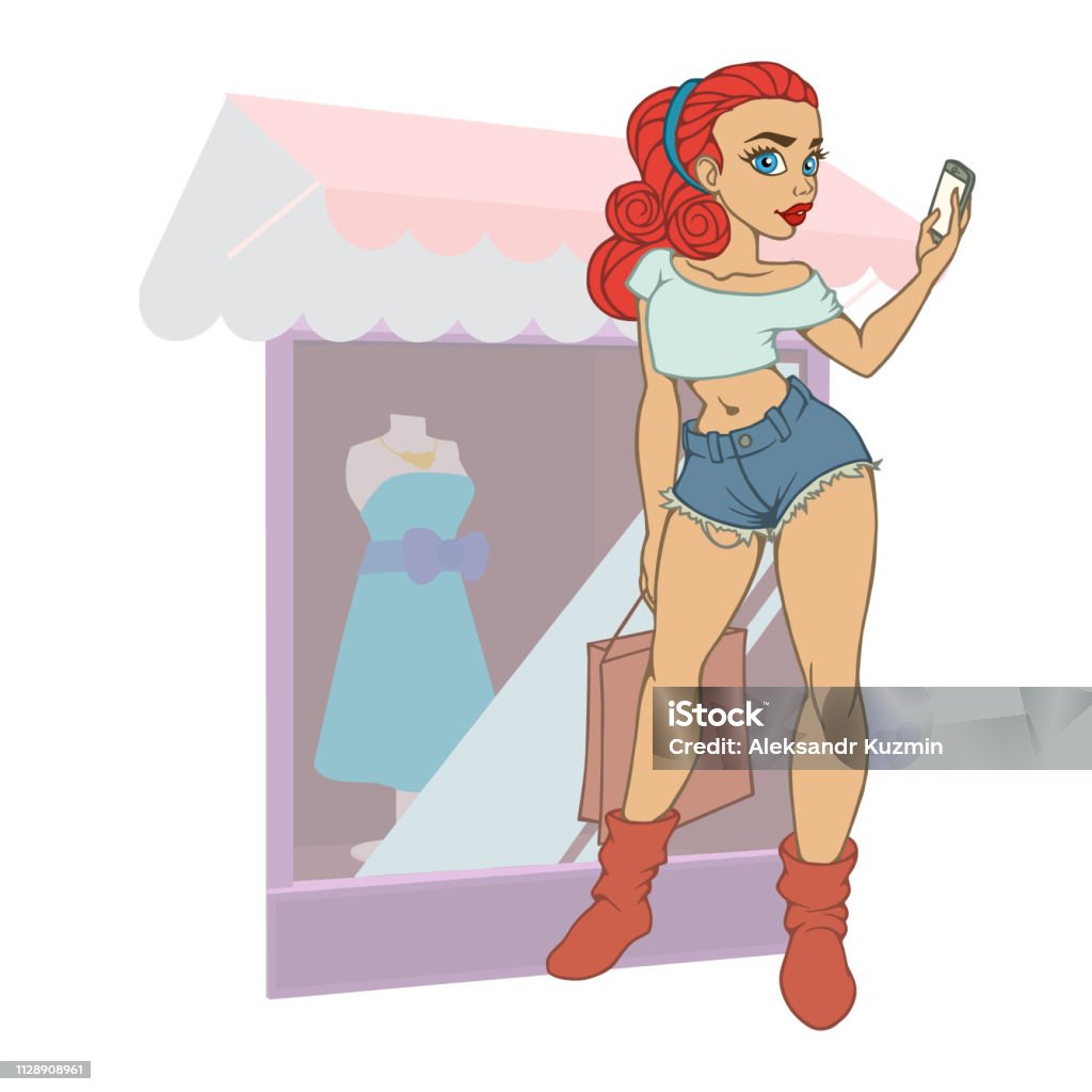 Fashion Girl With Bags In The Store Customer Sales Funny Cartoon Character  Stock Illustration - Download Image Now - iStock