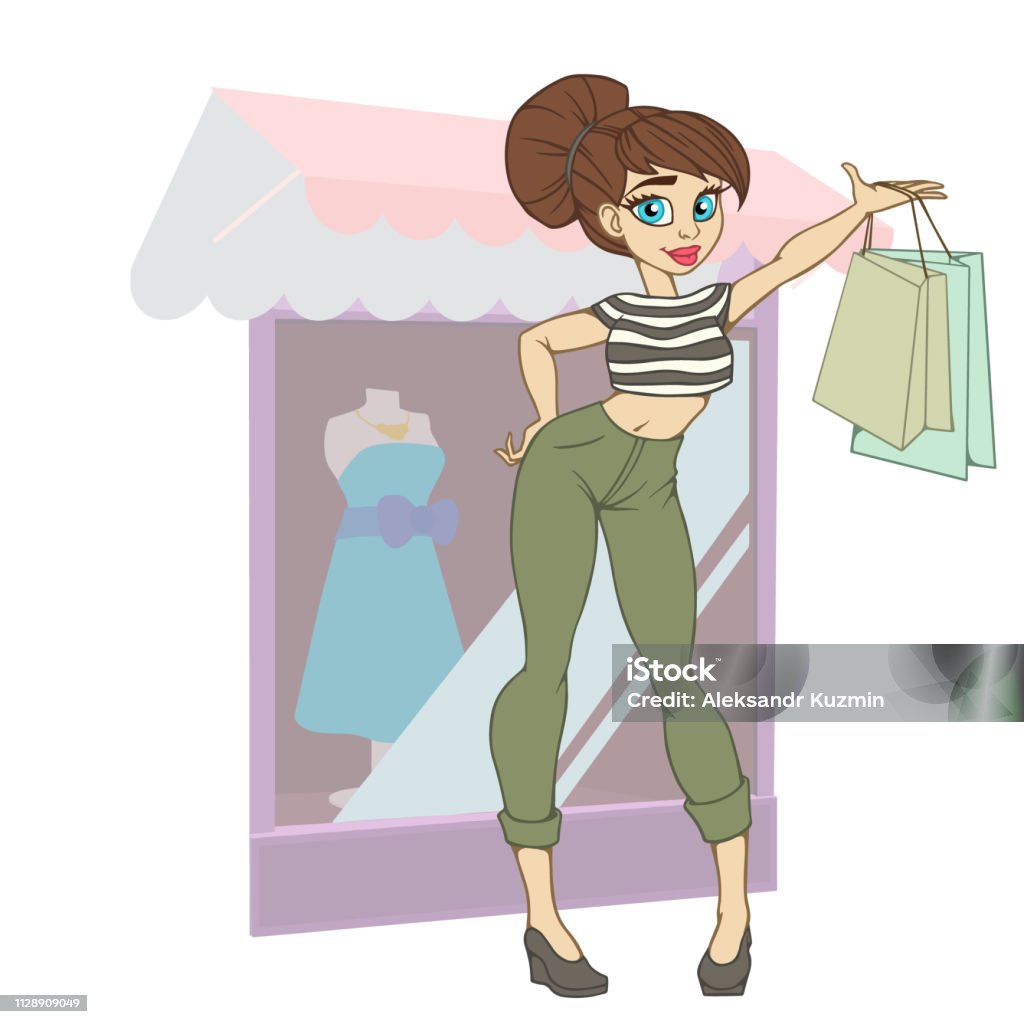 Happy Girl With Shopping Bags In Shop Shopper Sales Funny Cartoon Character  Vector Illustration Stock Illustration - Download Image Now - iStock