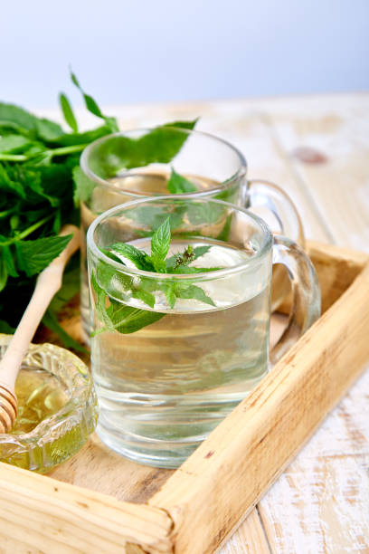 istock Hot herbal mint tea drink in glass mug 1128909537