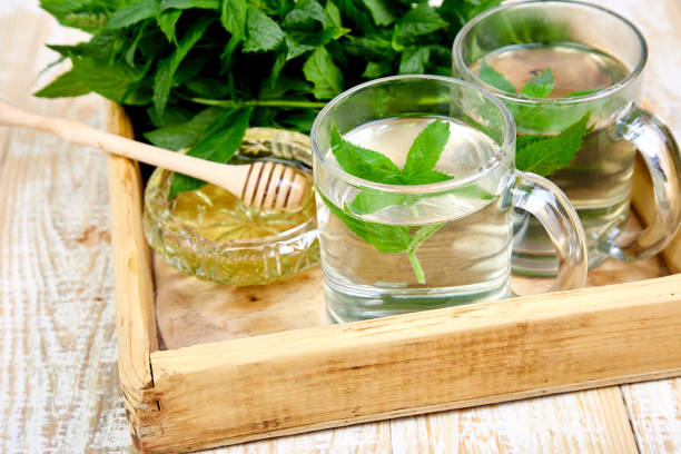 istock Hot herbal mint tea drink in glass mug 1128909541